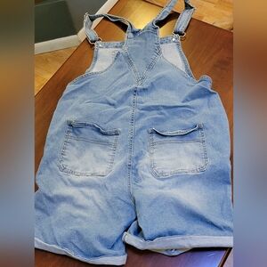 Distressed denim short overalls